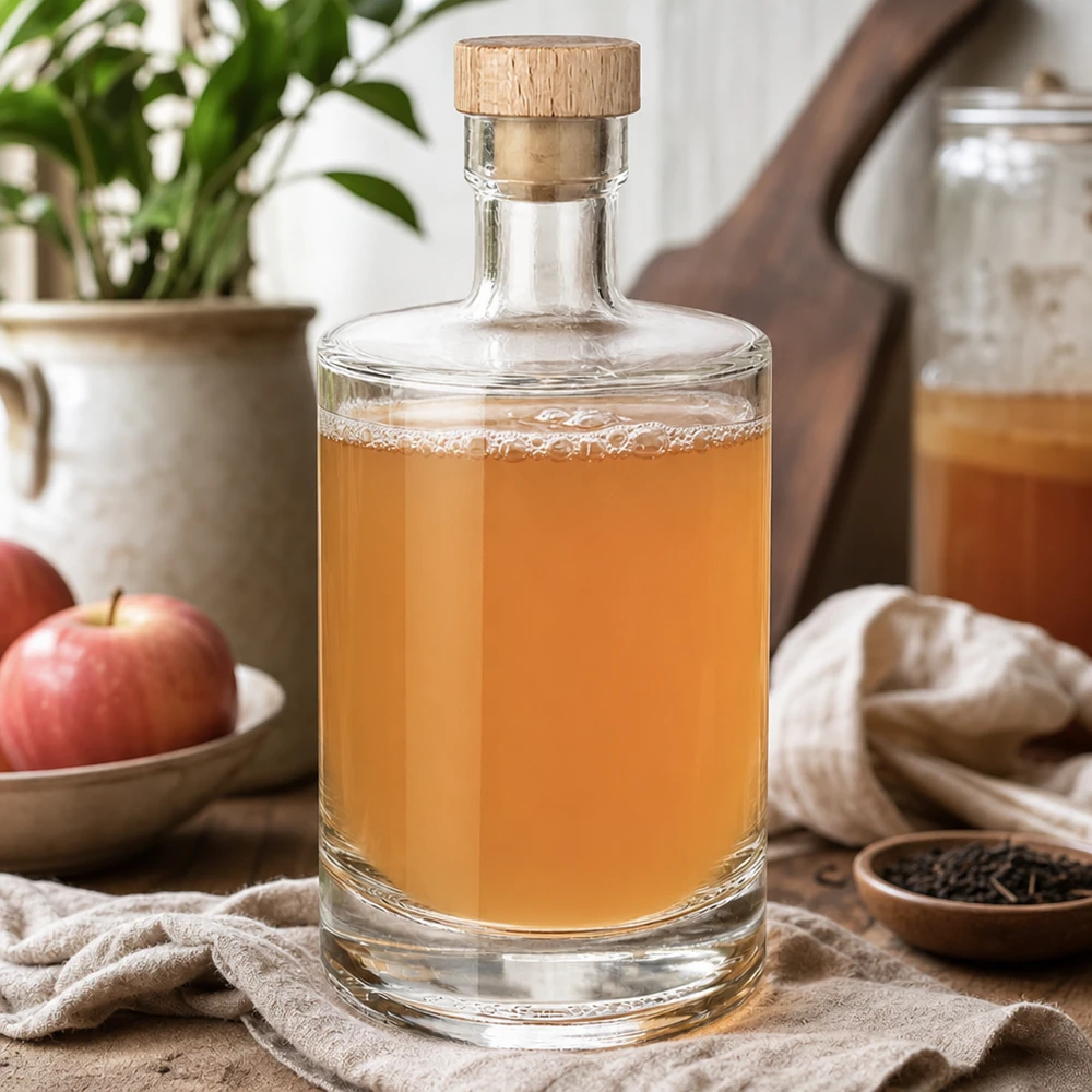 500ml Glasflasche Marie mit Apfellikör gefüllt - Holzkorken UNiTWIST - Küchenstillleben mit Äpfeln und Gewürzen