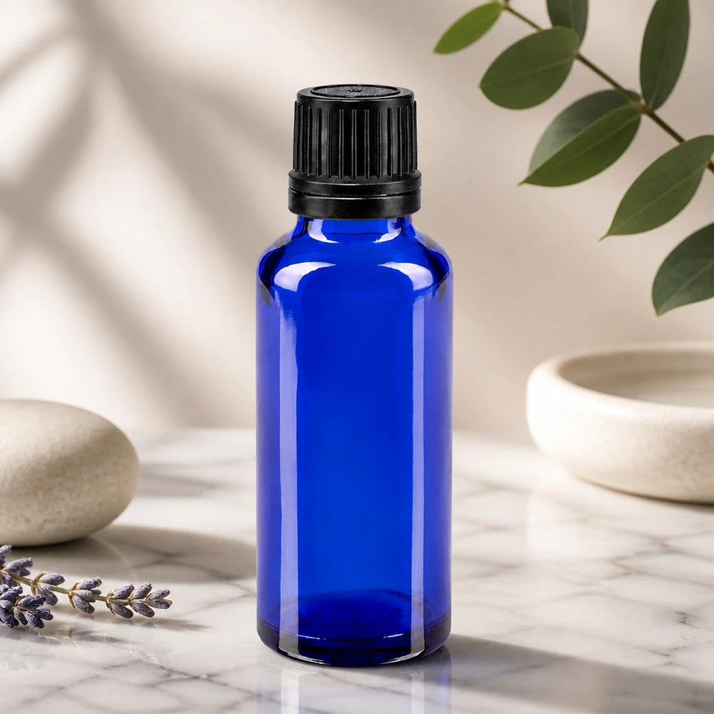 Lékárenská láhev modrá 30ml šroubovací uzávěr černý nalévací kroužek nedovolená manipulace s uzávěrem Blaue Medizinflasche 30ml mit tamperevidentem Verschluss für Pharmazie und Naturheilkunde