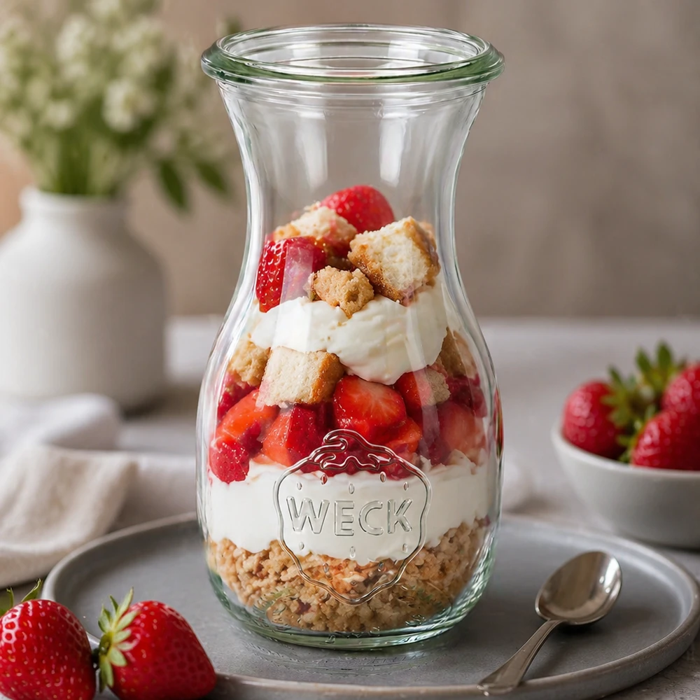 290ml láhev na šťávu WECK RR60 s dřevěným dřevem WECK Saftflasche 290ml RR60 als Dessertglas mit Erdbeeren Sahne und Keksen gefüllt auf grauem Teller dekoriert
