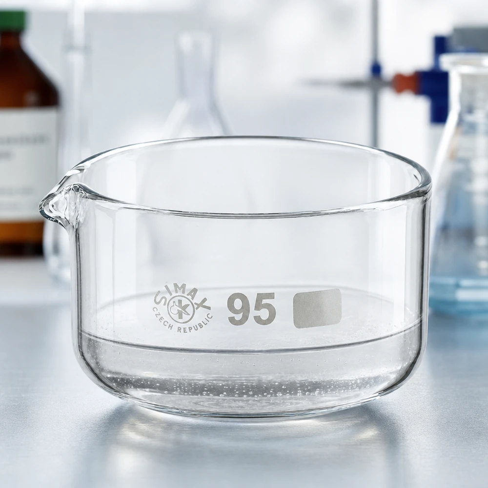 300ml krystalizační miska s borosilikátovou výlevkou ø95mm Hochwertige Borosilikatglas-Schale 300ml mit Schnabelausguss für Laboranwendungen Durchmesser 95mm
