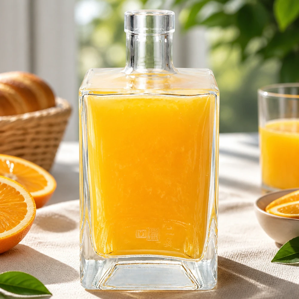 700ml Glasflasche Ben mit Orangensaft gefüllt auf gedecktem Frühstückstisch mit frischen Orangen und Gebäck