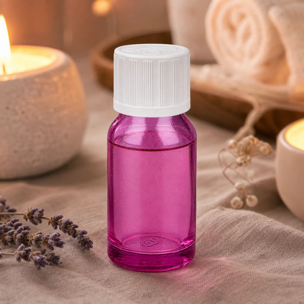 10ml lahvička s 11mm šroubovacím uzávěrem bílé barvy standardní PurpleLine UT18/10 odolná proti otevření dětmi. Vielseitige kleine Glasflasche 10ml in Purpur für DIY-Kosmetik und selbstgemischte Essenzen