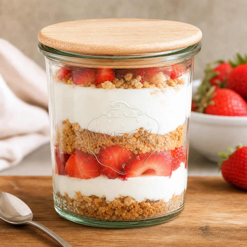 WECK Glas 160ml RR60 mit Bambusdeckel gefüllt mit Erdbeer-Dessert Schichtdessert im Einmachglas Küchentisch