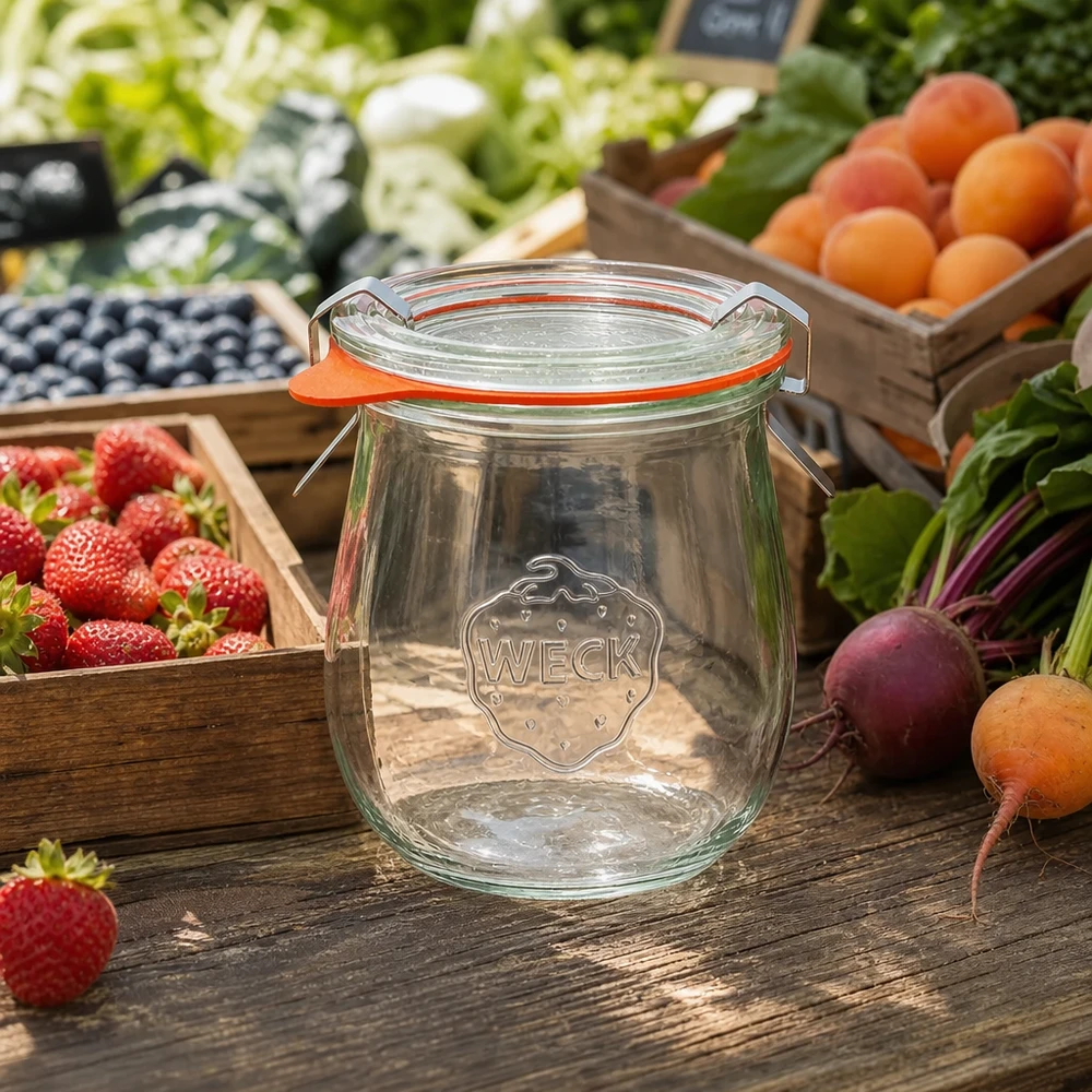 220ml tulipánová sklenice s kompletní svěžestí WECK RR60 WECK Tulpenglas 220ml RR60 leer auf Holztisch umgeben von frischem Obst und Gemüse vom Markt Einmachglas Set