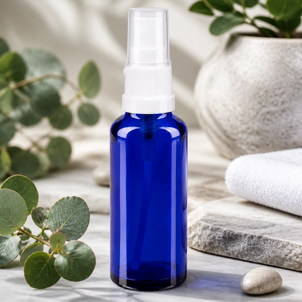 10ml Flakon mit Sprühmechanismus in tiefblauem UV-Schutzglas für Kosmetikanwendung