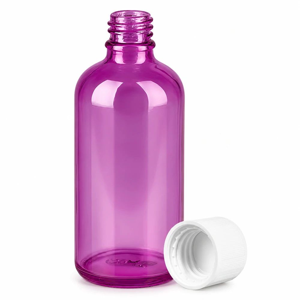 100ml láhev PurpleLine se šroubovacím uzávěrem o průměru 11 mm bílá standardní odolná proti otevření dětmi. UT18/100 Kompakte 100ml Behälter in lila transparent mit kindersicherem Verschluss für sichere Aufbewahrung