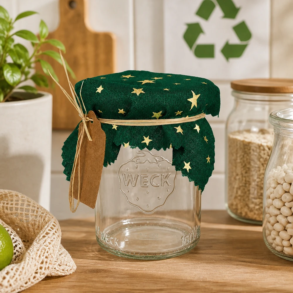 Látkový ubrousek na šperky zelený "hvězdy" 12cm čtvercový Grünes Sterne-Schmuckdeckchen mit Raffia-Band und Anhänger auf Weck-Glas in nachhaltiger Küche 12cm eckig