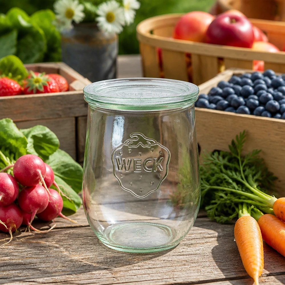 1062ml sklenice na tulipány se skleněným víčkem WECK RR100 WECK Tulpenglas 1062ml Glasdeckel RR100 Einkochen frisches Obst Gemüse Radieschen Karotten Blaubeeren Holztisch