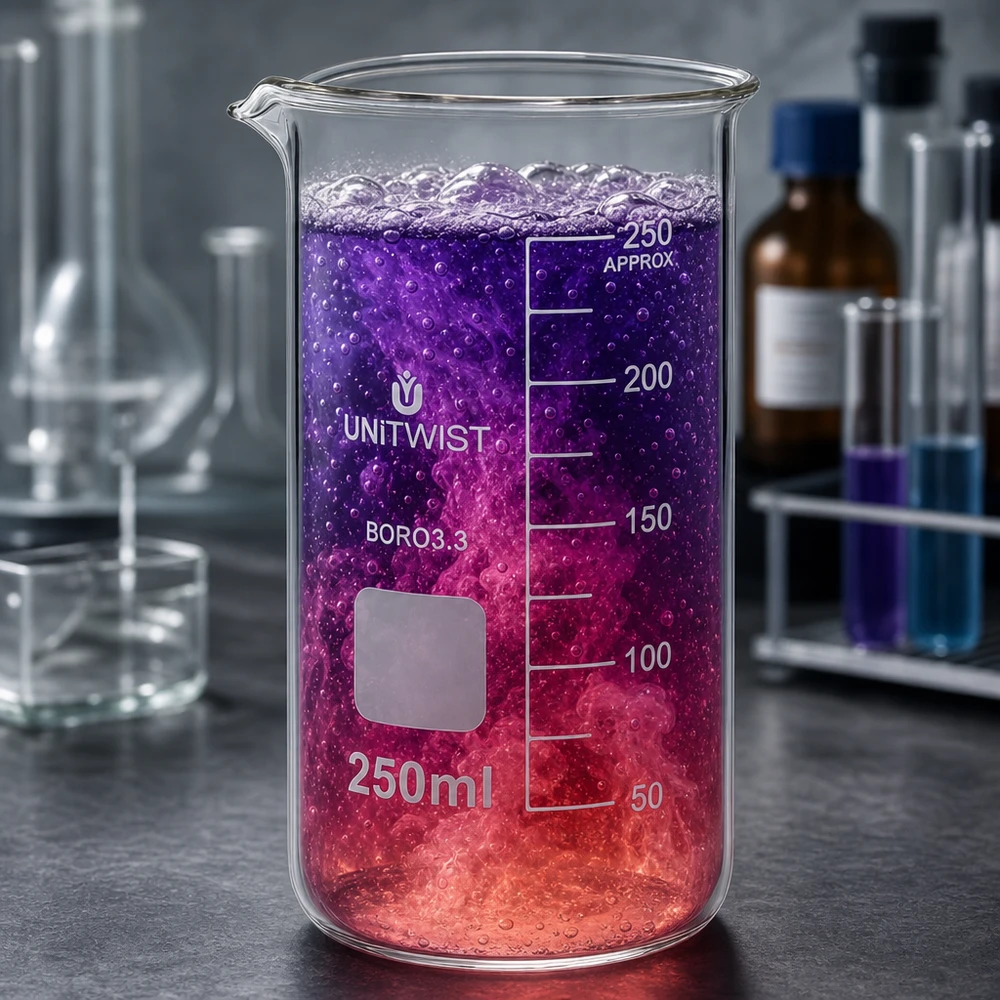 Kádinka 250ml borosilikátová, vysoká forma UNiTWIST Borosilikat Glas Becherglas 250ml hohe Form neben Reagenzgläsern und Laborflaschen