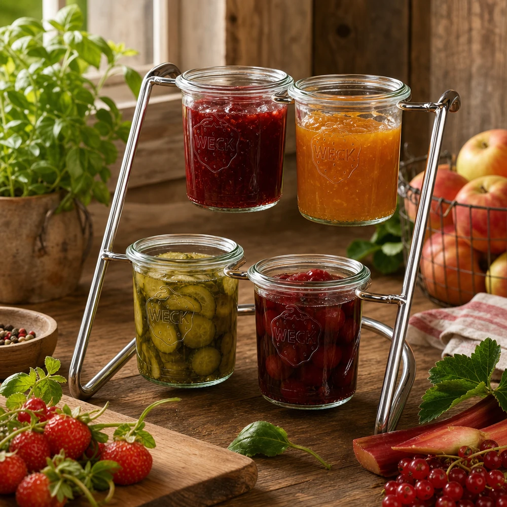 Serviergestell Flato4 mit gefüllten WECK Gläsern - Marmeladen und Pickles stilvoll serviert in Chromstahl-Halterung
