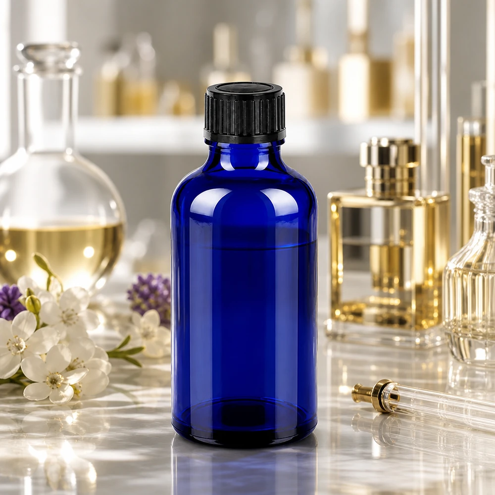 Professionelle 50ml Flasche aus blauem Glas mit mattschwarzem Verschluss für Apotheke und Kosmetik