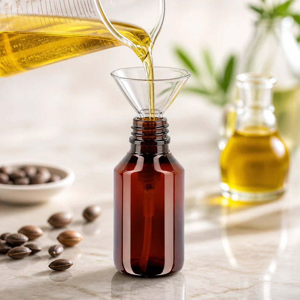 PET láhev 50ml s dávkovací pumpičkou černá Jantarově zbarvená PET láhev o objemu 50 ml se pomocí trychtýře naplní žlutým olejem na mramorovém podkladu
