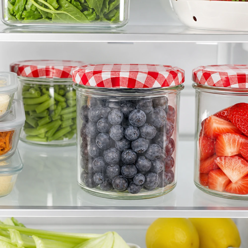 350ml kelímky + víčko BasicSeal červené/bílé UNiTWIST. 350ml Sturzglas im Kühlschrank mit Blaubeeren gefüllt, rot-weiß karierter Deckel, Lebensmittelaufbewahrung