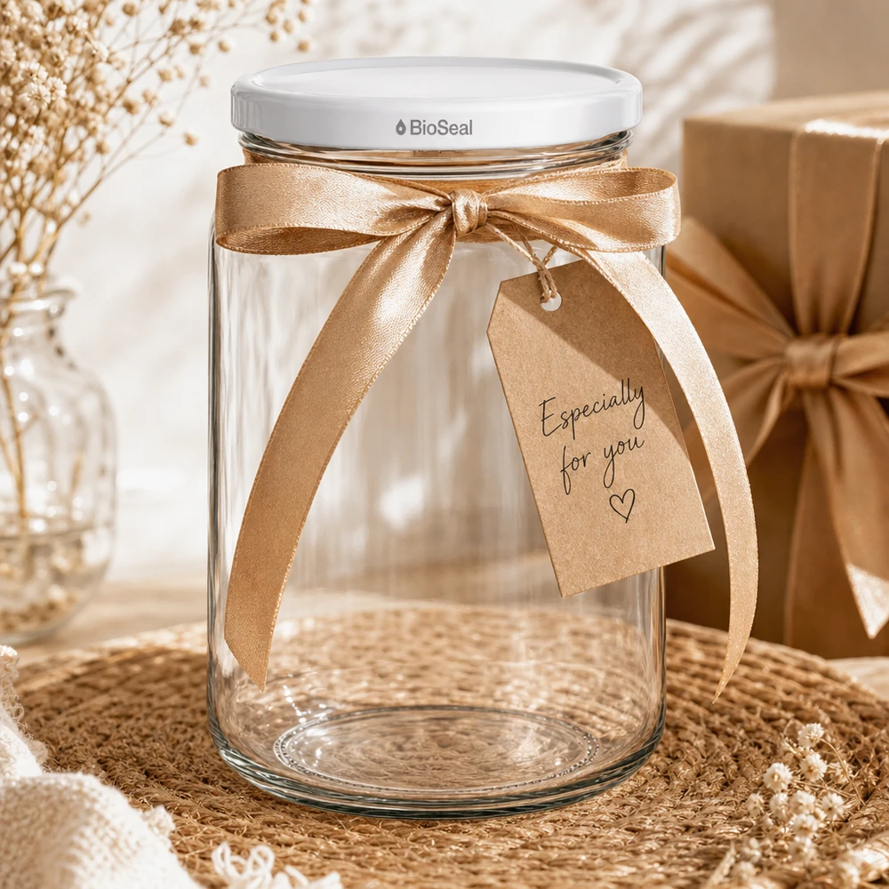 UNiTWIST Runda382 s bílým víčkem TO66 BioSeal UNiTWIST Runda382 Geschenkverpackung mit goldener Schleife und Anhänger - dekoratives Einmachglas mit weißem BioSeal Dec