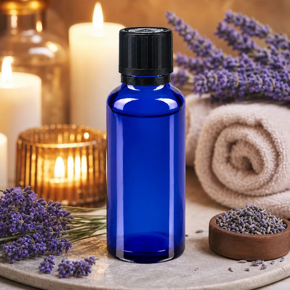 Kleine blaue Glasflasche 30ml mit Kindersicherungskappe für Aromatherapie Anwendungen