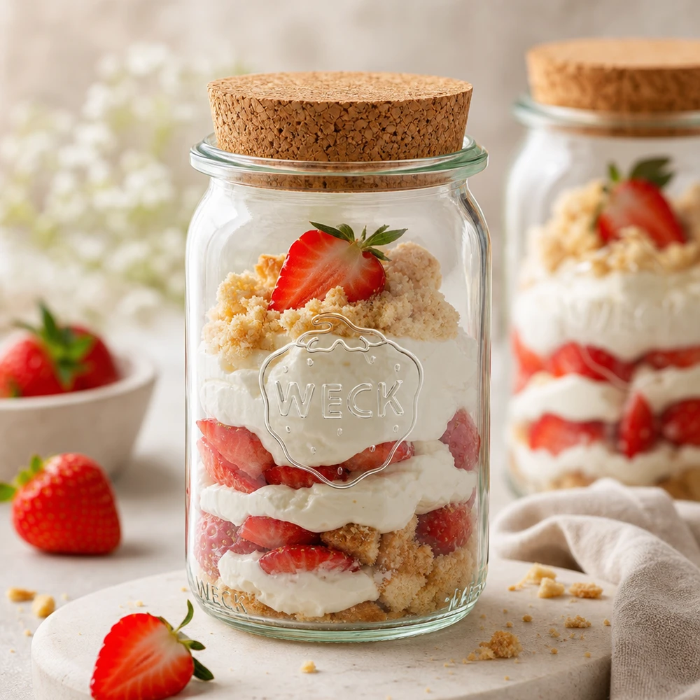 WECK Einmachglas 145ml mit Korkdeckel als Dessertglas mit Erdbeertorte Schichtdessert Tiramisu im Glas verwendbar