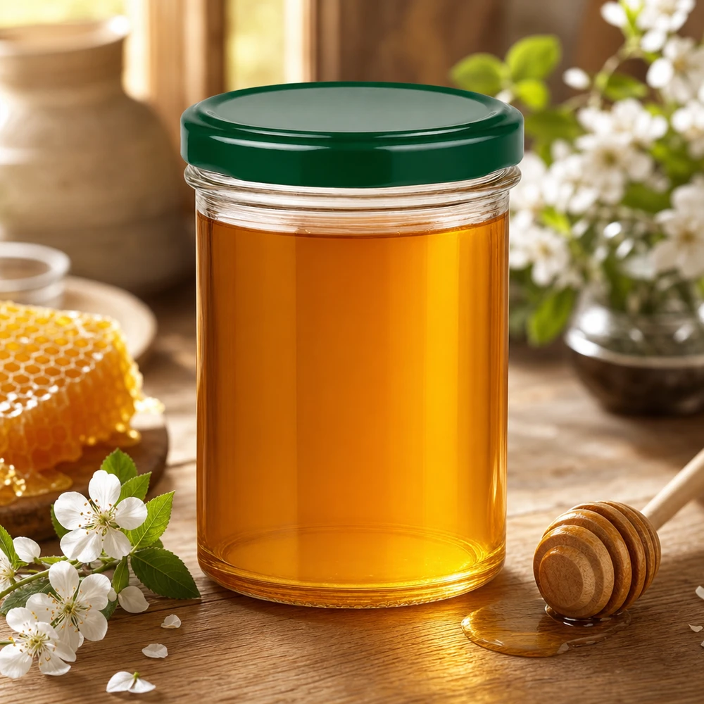 350ml tumblery + víčko BasicSeal zelené UNiTWIST 350ml Sturzglas UNiTWIST grün mit Honig befüllt neben Honiglöffel Waben und Blüten auf rustikalem Holztisch