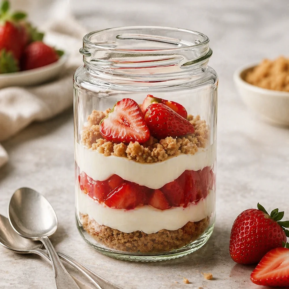 Kulatá sklenice o objemu 390 ml bez víčka (TO70) UNiTWIST UNiTWIST Runda390 Rundglas 390ml TO70 mit Erdbeer-Dessert-Schichten als Einmachglas für Nachspeisen und Meal Prep
