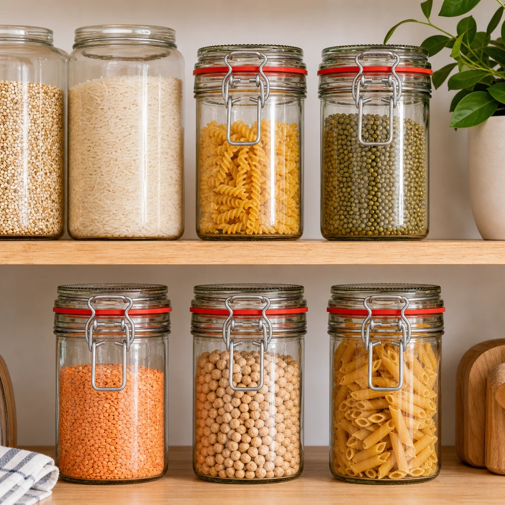 Vorratsgläser mit Bügelverschluss gefüllt mit Nudeln Reis und Hülsenfrüchten in moderner Küchenorganisation