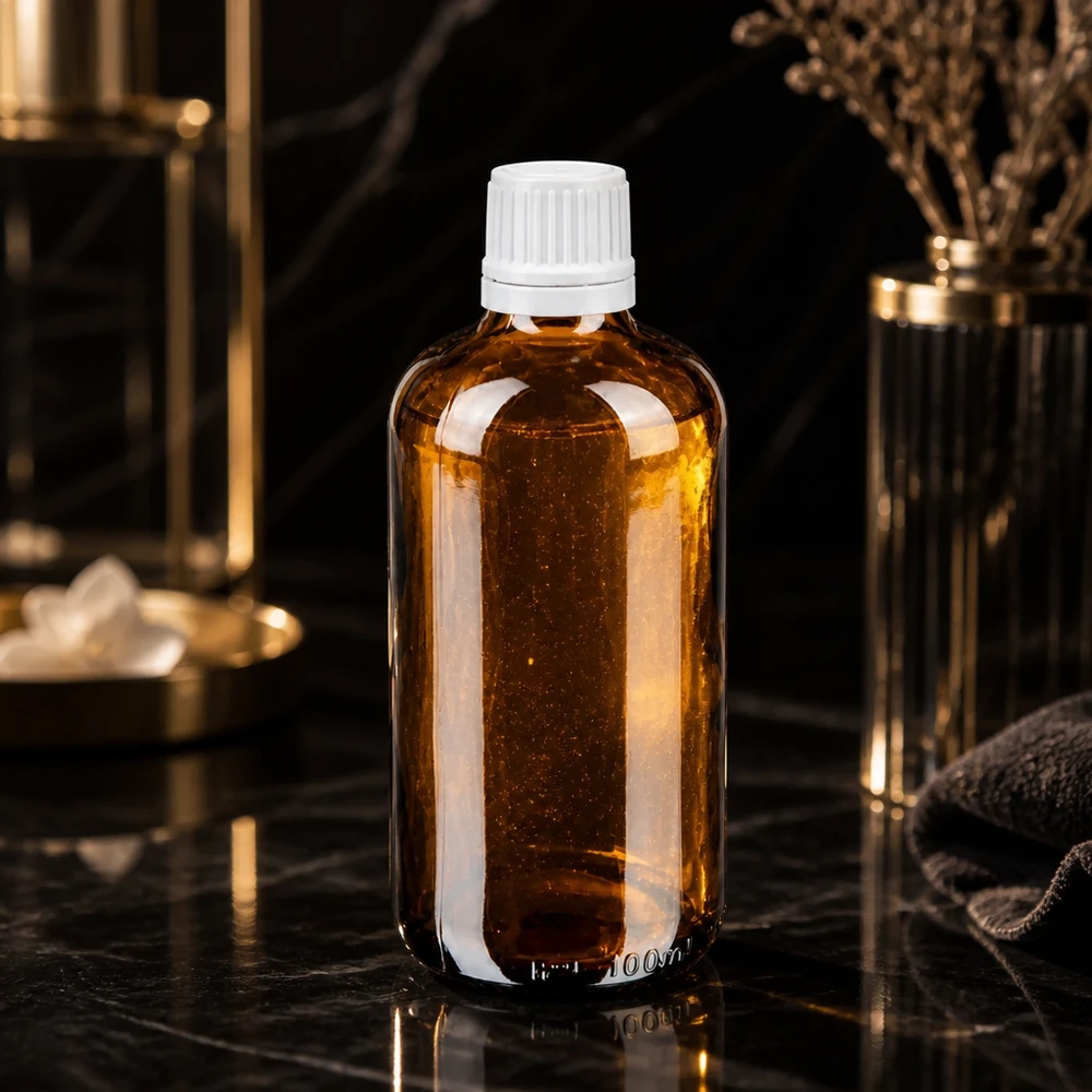Lékárenská láhev hnědá 100ml kapací uzávěr 1,2mm bílý uzávěr odolný proti manipulaci. Zylindrische braune Medizinflasche 100ml mit weißem Tropfer auf glänzender Marmoroberfläche