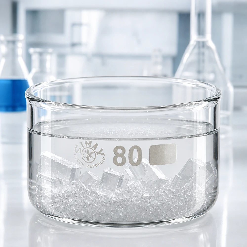 Krystalizační miska 150ml bez výlevky borosilikátová ø80mm Robuste Glasschale 150ml für Kristallisationsversuche im Labor mit breitem flachen Boden