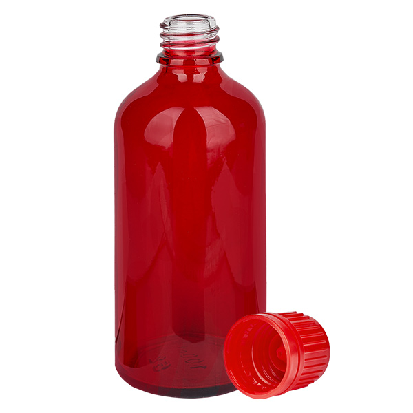 100ml láhev 11mm šroubovací uzávěr červený uzávěr s ochranou proti manipulaci RedLine UT18/100 100ml láhev 11mm šroubovací uzávěr červený uzávěr s ochranou proti manipulaci RedLine UT18/100