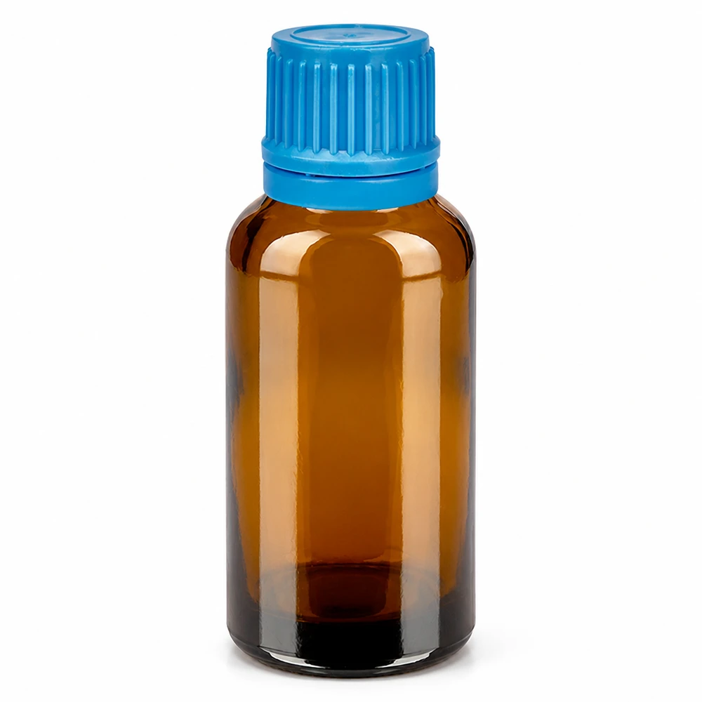 30ml láhev 11mm šroubovací uzávěr modrý tamper evidentní uzávěr BrownLine UT18/30 30ml Medizinflasche aus lichtschützendem Braunglas mit sicherem blauen Verschluss