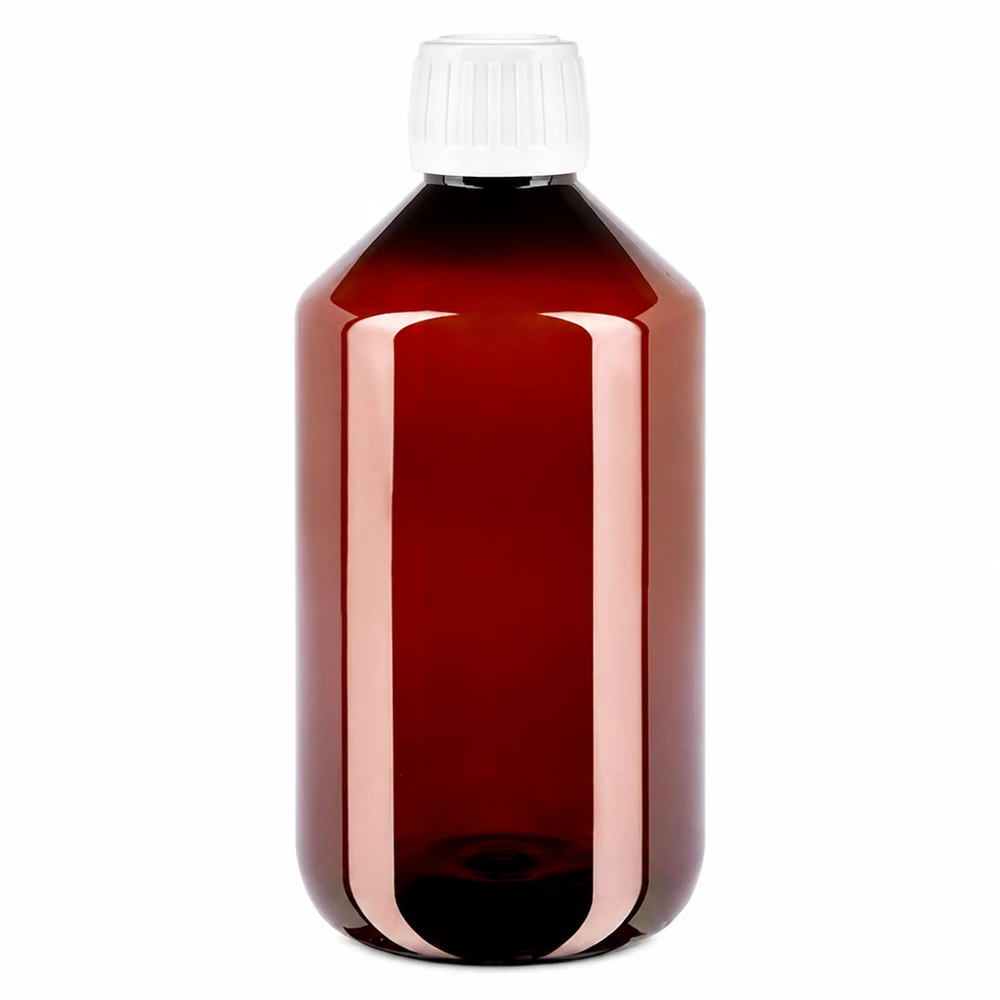 Hnědá PET láhev o objemu 500 ml s bílým bezpečnostním uzávěrem pro tekutiny