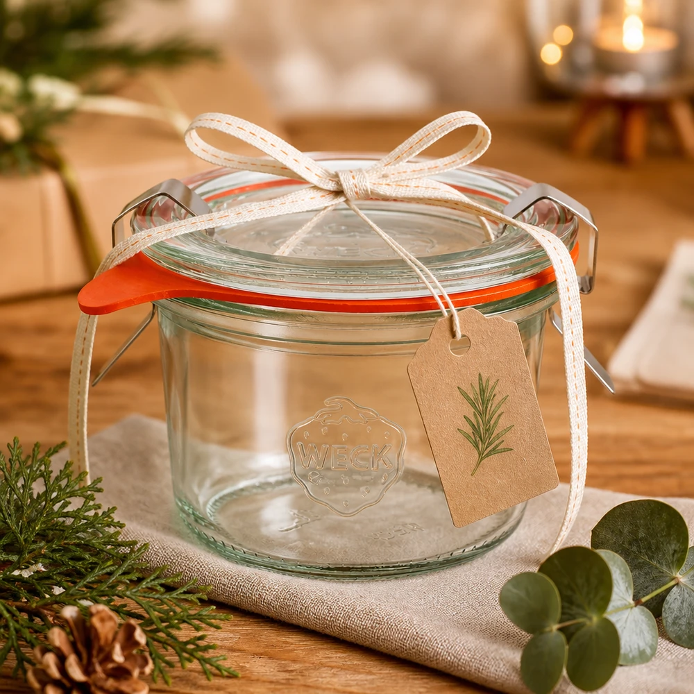 80ml WECK Sturzglas RR60 als Geschenkverpackung mit Schleifenband und Anhänger in gemütlicher Weihnachtsdeko