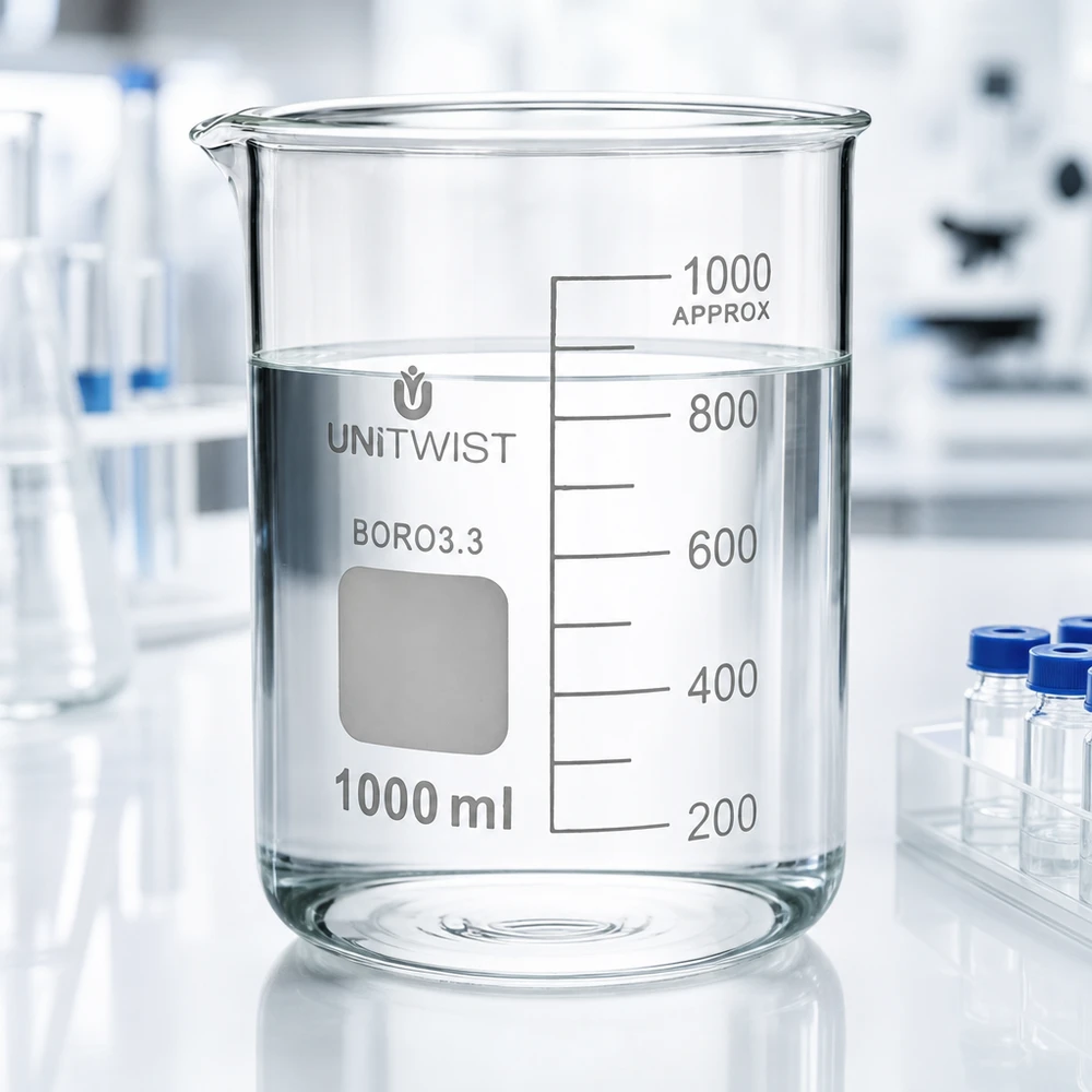 Kádinka 1000 ml borosilikátová, nízká forma UNiTWIST UNiTWIST Becherglas 1000ml Borosilikat niedrige Form neben Mikrotiterplatten im Reinlabor