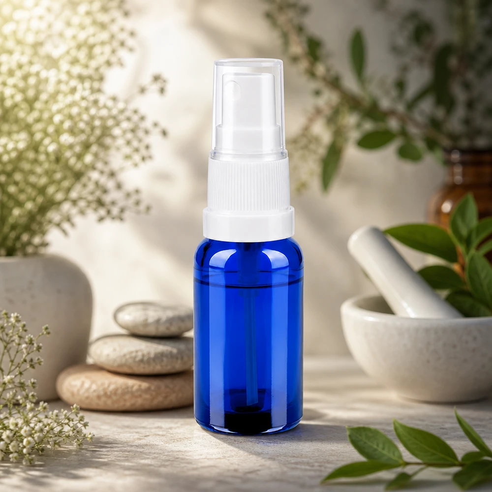 Elegante 20ml Flasche in tiefblau mit weißem Zerstäuber für selbstgemachte Gesichtswasser