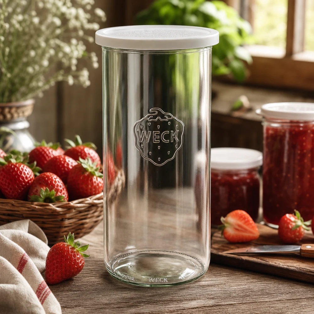 WECK Vorratsglas 1500ml RR100 in rustikaler Küche mit Erdbeeren und Marmeladengläsern als Lifestyle-Aufnahme