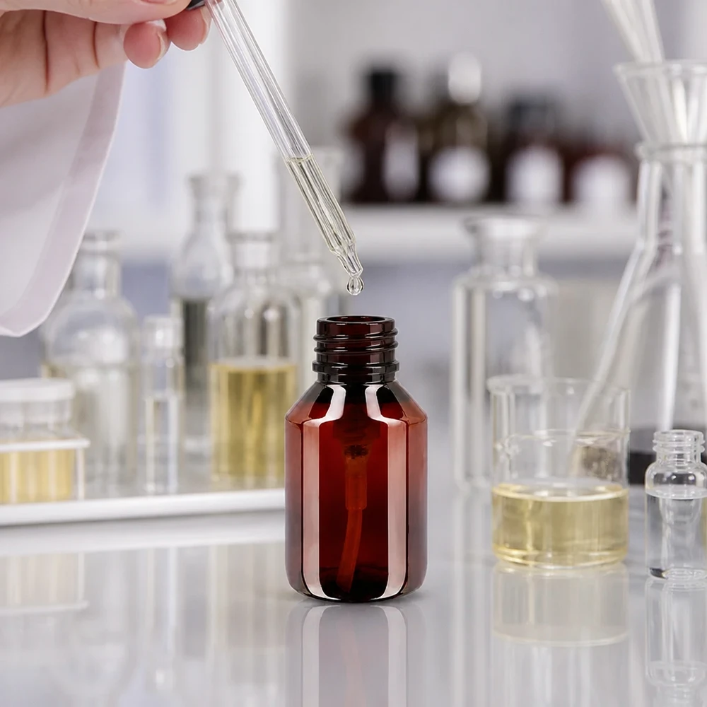 PET láhev 50ml s dávkovací pumpičkou bílá Professionelle Dosierung von Wirkstoffen in kompakte 50ml PET Flasche mit Pipette