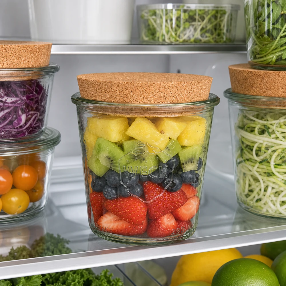 290ml vysoké sklenice WECK RR80 s korkem přírodní WECK Sturzglas 290ml RR80 mit Korkdeckel zur Aufbewahrung von frischen Früchten im Kühlschrank Meal Prep