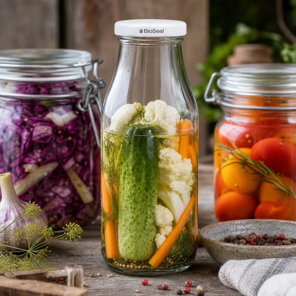 UNiTWIST Bottle263 mit weißem TO43 BioSeal Deckel gefüllt mit eingelegtem Gemüse neben Einmachgläsern auf Holztisch