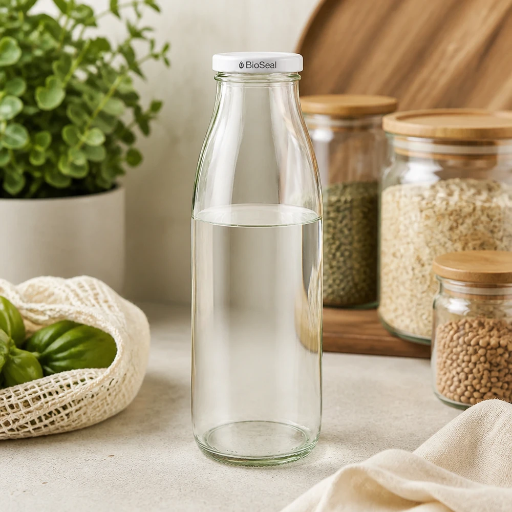 500ml skleněná láhev + víčko BioSeal bílé UNiTWIST 500ml Glasflasche leer mit weißem BioSeal Deckel in nachhaltiger Küche zwischen Vorratsgläsern und Bio-Gemüse