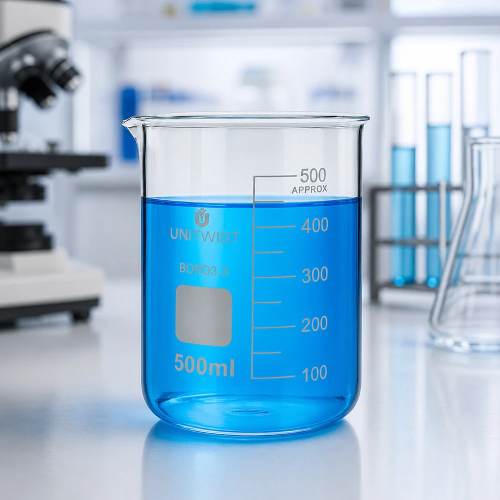 Kádinka 500 ml borosilikátová, nízká forma UNiTWIST UNiTWIST Becherglas 500ml Borosilikat mit präziser 100ml Skaleneinteilung im Laborumfeld