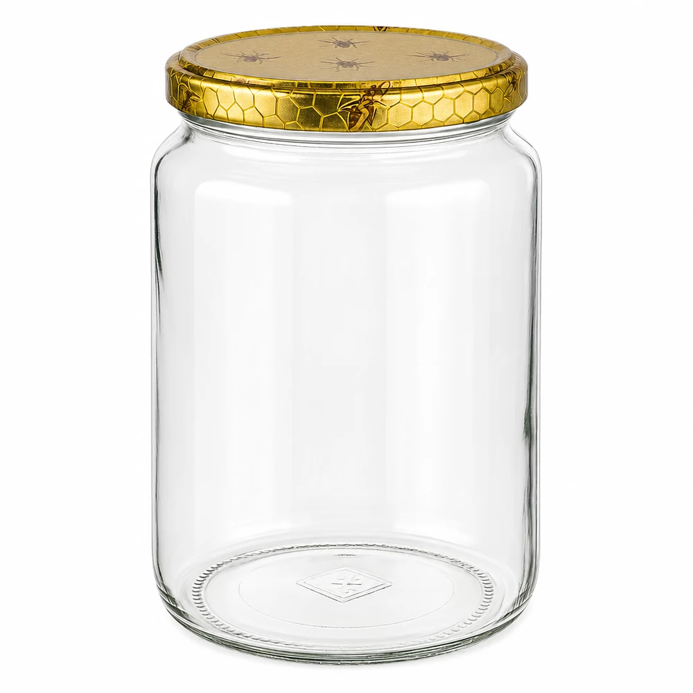 1000g Honigglas mit Bienenwabe Deckel BasicSeal UNiTWIST Leeres 1000g Honigglas aus Glas mit goldenem Bienenwaben-Deckel und Bienen-Motiv für Honig Imkerei Vorratsglas