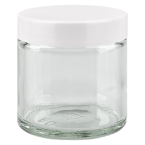 Skleněná dóza 60 ml. čirá, s bílým bakelitovým víčkem ApoGlas. Skleněná dóza 60 ml. čirá, s bílým bakelitovým víčkem ApoGlas.