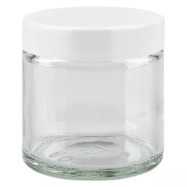 Skleněná dóza 60 ml. čirá, s bílým bakelitovým víčkem ApoGlas. Skleněná dóza 60 ml. čirá, s bílým bakelitovým víčkem ApoGlas.