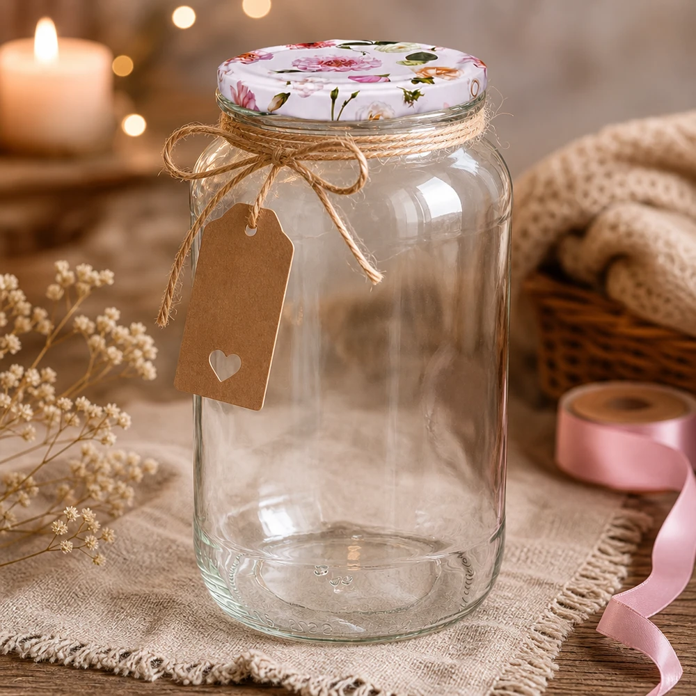 Dekoratives 1062ml Rundglas mit rosa Blumendeckel BasicSeal und Geschenkanhänger rustikale Präsentation