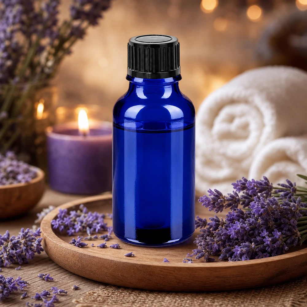 20ml láhev 11mm šroubovací uzávěr černá Standard BlueLine UT18/20 20ml Violettglas Alternative in Blau mit 11mm Öffnung für Naturkosmetik und Heilmittel