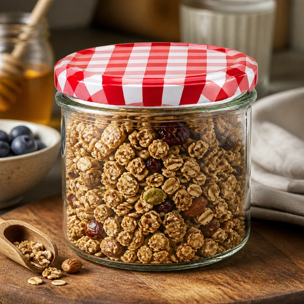 225ml kelímky + víčko BasicSeal červené/bílé UNiTWIST 225ml Sturzglas mit BasicSeal Deckel rot-weiß kariert gefüllt mit Müsli und Nüssen als Vorratsdose in der Küche