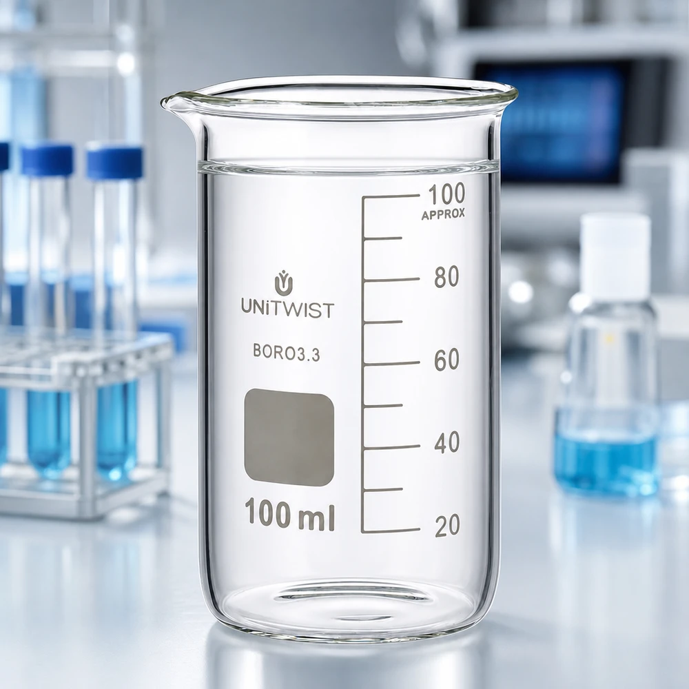 Kádinka 100ml borosilikátová, vysoký tvar UNiTWIST UNITWIST Becherglas 100ml hohe Form Borosilikat 3.3 mit klarem Glasboden auf Laboroberfläche