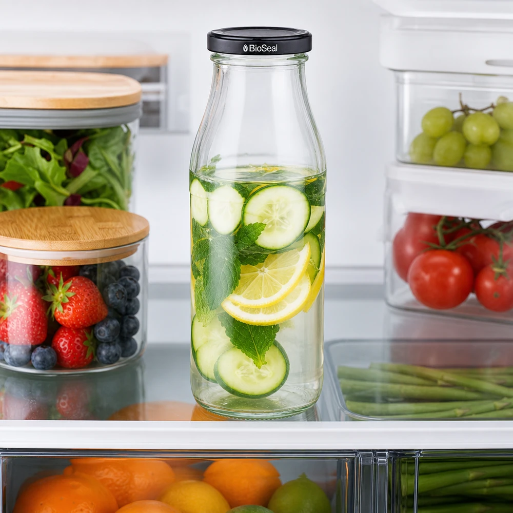 500ml Glasflasche mit Gurken Zitronen Infused Water im Kühlschrank neben frischen Lebensmitteln in Vorratsdosen