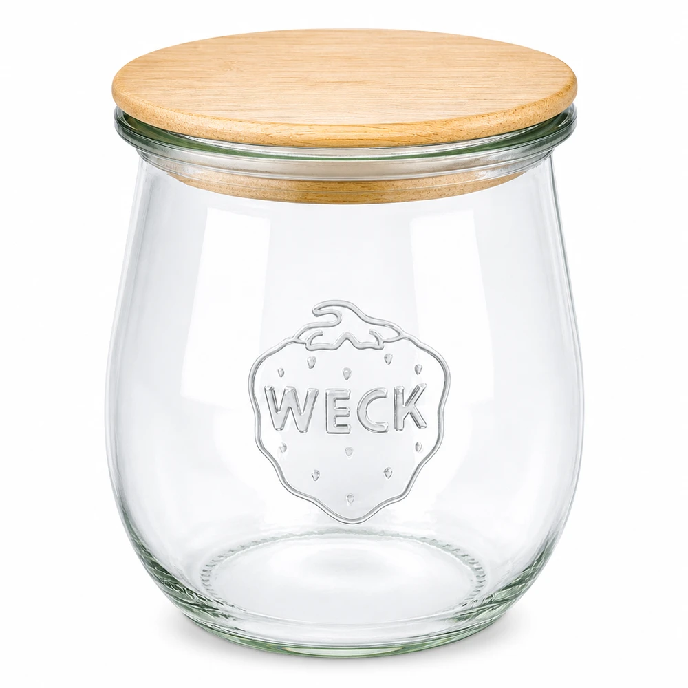 WECK Tulpenglas 220ml RR60 mit Holzdeckel - Einmachglas aus Glas mit Bambusdeckel für Küche und Vorratshaltung