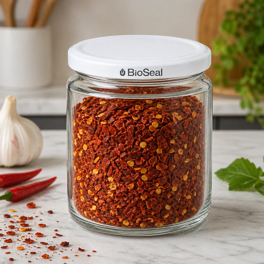 350g Honigglas + BioSeal Deckel weiß UNiTWIST 250ml Honigglas mit BioSeal Deckel gefüllt mit Chili-Gewürzmischung als Küchenaufbewahrung auf Marmorplatte