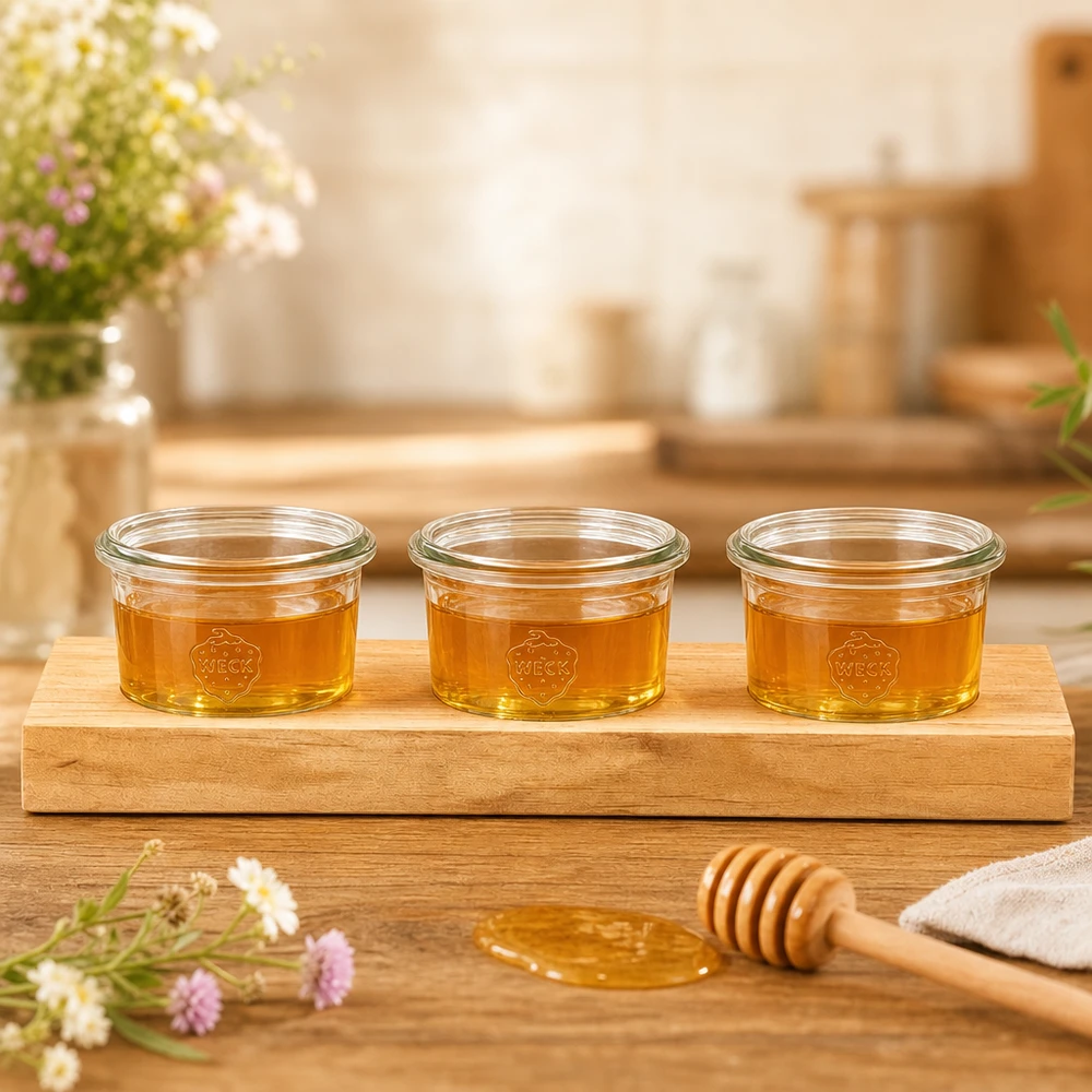 Servírovací prkénko Plano3 se 3 kelímky Weck o objemu 80 ml. Servierbrett Plano3 mit 3 Weck Sturzgläsern 80ml gefüllt mit goldenem Honig neben Honiglöffel auf Holztisch