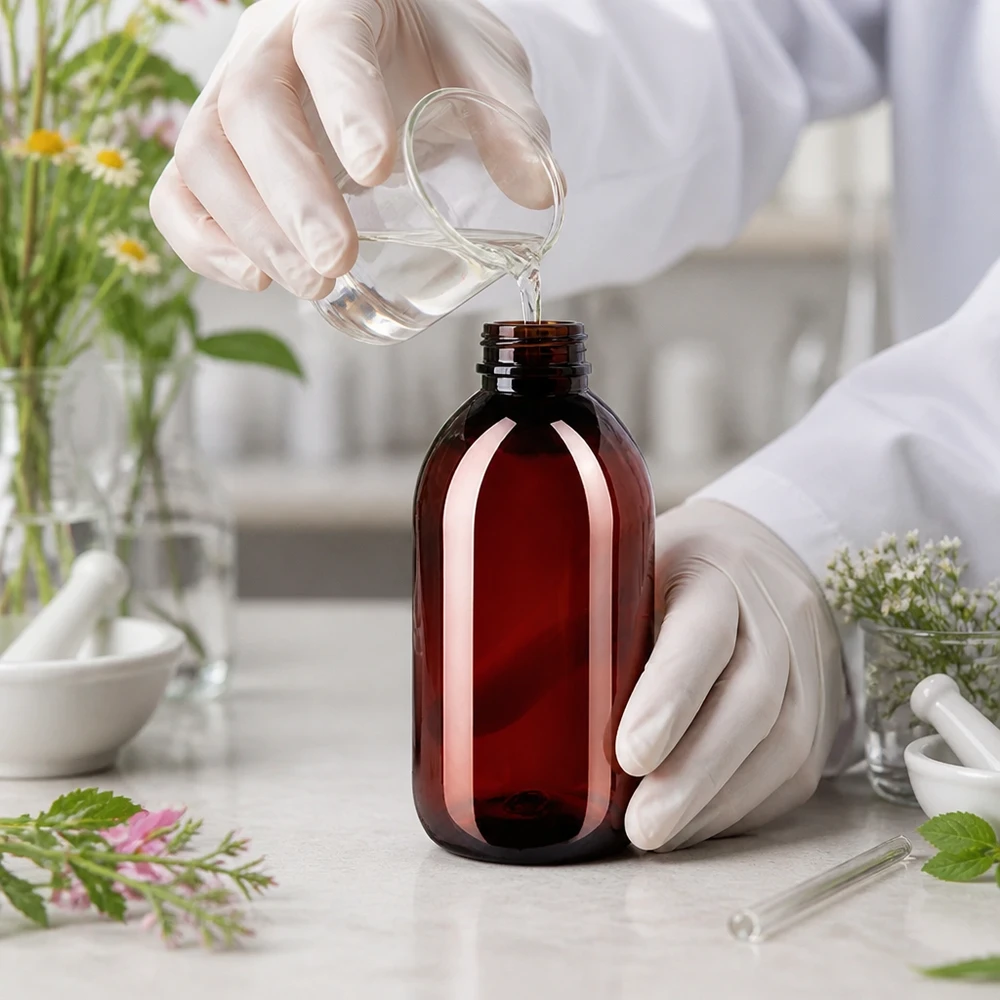 PET láhev 250ml s bílým/červeným uzávěrem s ochranou proti manipulaci. Lékárnická láhev 250 ml, jantarová, z PET, s bezpečnostním uzávěrem při plnění tekutinou