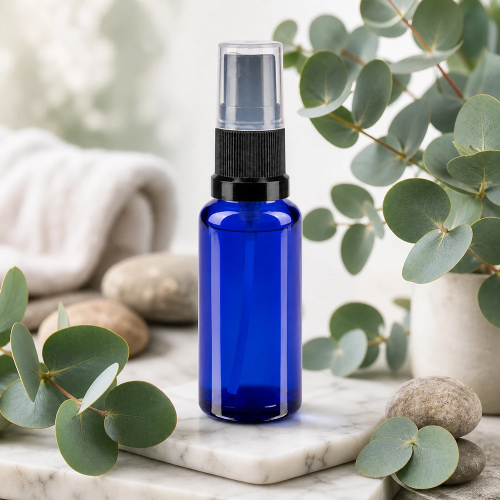 Schlanke blaue 30ml Glasflasche mit Feinstaubzerstäuber für Kosmetik und Pharmazie